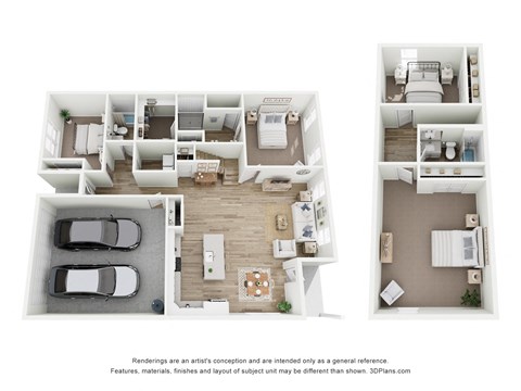 a stylized 3d floor plan with a bedroom and a living room